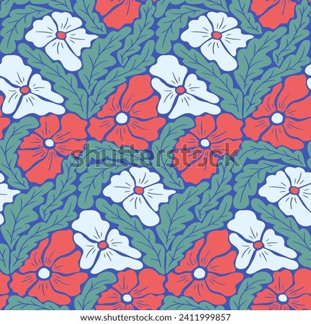 Bold colored floral mosaic seamless pattern. Flat abstract hand drawn cut out flowers and leaves. Unique retro botanical print design for textile, wallpaper, interior, wrapping paper