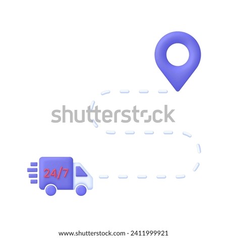 3D 24,7 hours delivery illustration. The truck moves from one point to another. Express delivery, shipping, truck icon, quick move. Fast delivery concept. Trendy and modern vector in 3d style