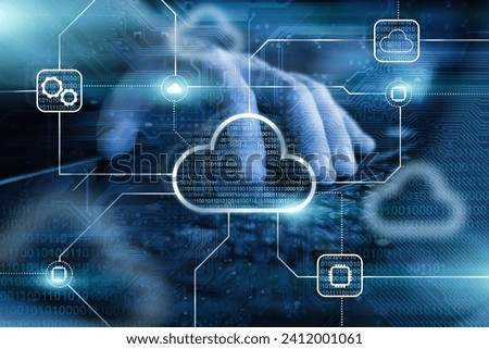 Cloud storage and cloud computing background. Data processing technology. Blue integrated circuit on background.