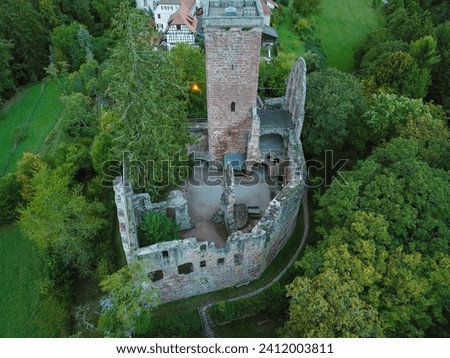 An old castle at the end of a village, seen from above