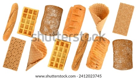 Collection freshly baked bread products isolated on white background.