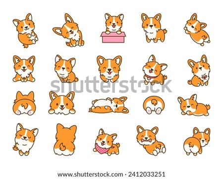 Cute kawaii corgi dog. Funny puppy cartoon animal characters. Hand drawn style. Vector drawing. Collection of design elements. Royalty-Free Stock Photo #2412033251