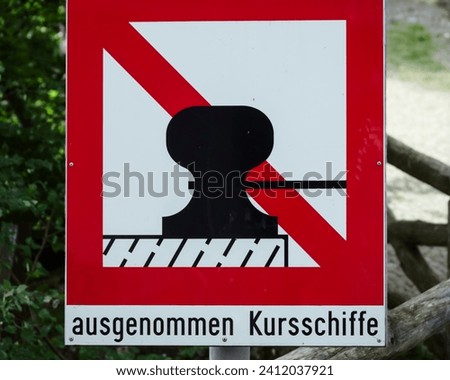 Navigational restrictions: “ausgenommen Kursschiffe”. A Swiss waterway sign to exclude scheduled ships (Switzerland)