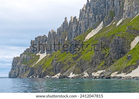 Jagged Bird Cliffs of Alkefjellet in the High Arctic of the Svalbard Islands Royalty-Free Stock Photo #2412047815