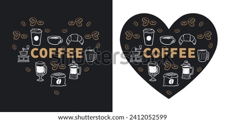 Coffee heart. Isolated coffee elements. French press, coffee machine, mug, cup, milk pitcher, kettle. Icon collection for menu, coffee shop. Hand drawn modern, vintage vector illustration