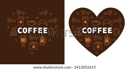 Coffee heart. Isolated coffee elements. French press, coffee machine, mug, cup, milk pitcher, kettle. Icon collection for menu, coffee shop. Hand drawn modern, vintage vector illustration