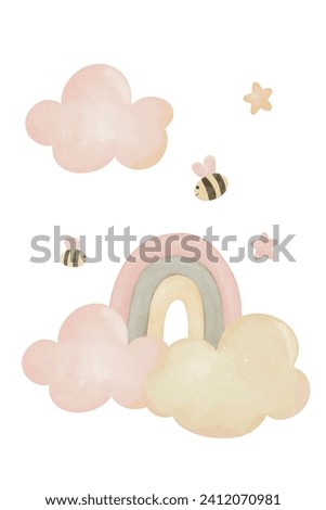 Digital watercolor fairytale clipart. Poster with clouds, rainbow and the bees