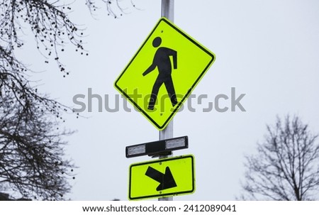 Vibrant urban scene with a pedestrian crossing sign, capturing the essence of city life and safety on the streets