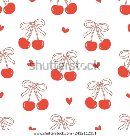 Draw seamless pattern red cherry bow Retro valentine day Fabric print Wallpaper Doodle cartoon style