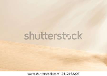 Blank warm lighting background. White and wooden surface. Light and Shadow wallpaper. Space for text. Backdrop. Studio photography. Cozy and Comfortable. Decorative. Minimalist wallpaper. Empty space.