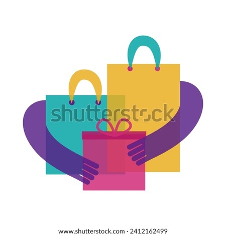 Hands hug shopping bags and gift box. Transparent modern minimalistic clip art