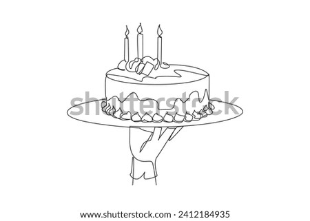Single one line drawing the waiter holds a food tray serving cake. It has quite high calorie and cholesterol content. Cake with celebration symbols. Sweet. Continuous line design graphic illustration