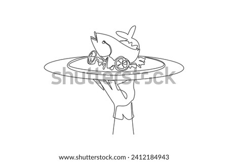 Continuous one line drawing the waiter holds a food tray serving baked fish. Served with lemon and various spices. Contains good fats. Can help lose weight. Single line draw design vector illustration