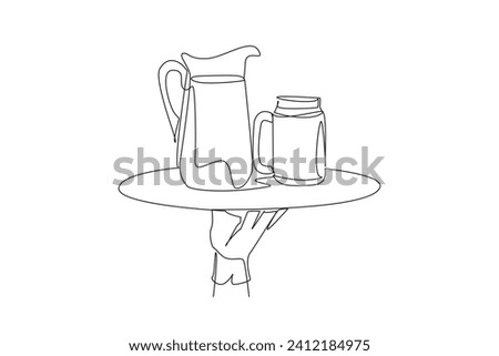Continuous one line drawing the waiter holds food tray serving glass of lemonade and pitcher. More delicious to enjoy in summer. Refreshing drink. Healthy. Single line draw design vector illustration Royalty-Free Stock Photo #2412184975