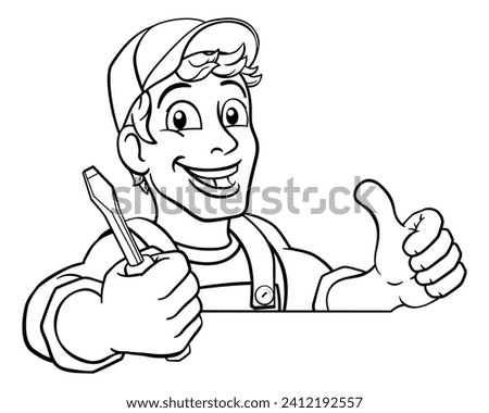 Electrician handyman man handy holding electricians screwdriver tool cartoon construction mascot. Peeking over a sign and giving a thumbs up.