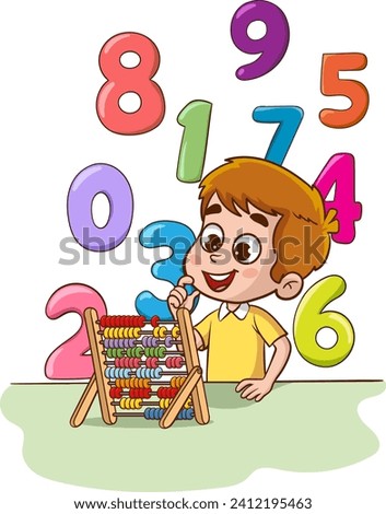 Boy with abacus and numbers. Vector illustration of a child learning math.