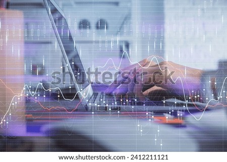 Double exposure of woman hands typing on computer and forex chart hologram drawing. Stock market invest concept. Royalty-Free Stock Photo #2412211121