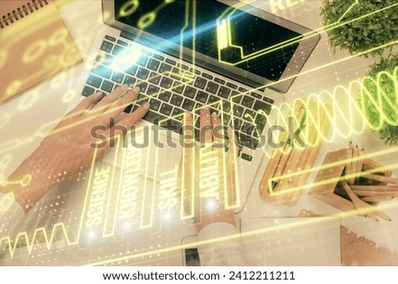 Double exposure of woman hands working on computer and education theme hologram drawing. Top View. Science concept.