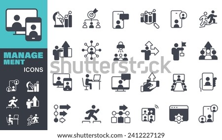 Management Icons set. Vector graphic elements, Analyzing, Agreement, Business, Manager, Decision, Success, People, Growth, Leadership, Organization, Strategy