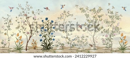 Vintage garden tree floral seamless pattern white background. Botanical chinoiserie wallpaper, Watercolor Background.