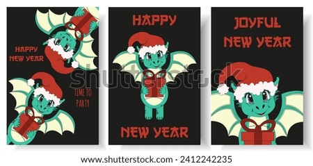 Set 2024 New Year card cover with cartoon Dragon in trendy Groovy style. Collection posters with symbol Chinese New Year. Vector illustration can used t-shirt print, web and social media banner.