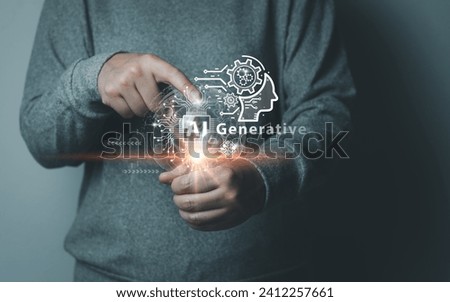 Artificial Intelligence (AI) revolution connecting business and technology in the digital era concept, businessman using AI generative ideas to virtual assistants, more efficient, future innovation. Royalty-Free Stock Photo #2412257661