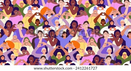 Inspire inclusion concept seamless pattern with diverse women making heart gesture for International Women's day. IWD 2024 print ideal for t shirt, tee, card. Vector illustration Royalty-Free Stock Photo #2412261727
