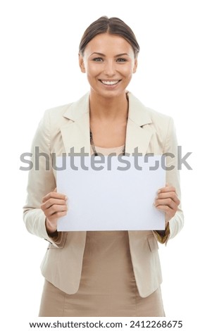 Excited woman, portrait and billboard for advertising or marketing on a white studio background. Female person or employee smile with poster, empty sign or blank paper for message or mockup space