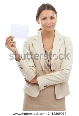 Happy woman, portrait and business card for advertising or marketing on a white studio background. Young female person or employee smile with poster, empty sign or paper on mockup space for branding