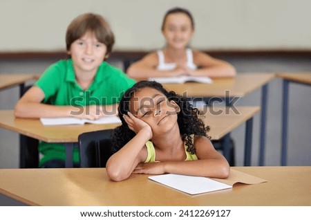 Sleepy, children and bored of learning, education or books from adhd, burnout or frustrated with mindset in school. Exhausted, girl or thinking of studying, group or problem with fatigue in classroom