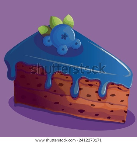 Cartoon piece of chocolate cake with blueberries. Isolated vector illustration.