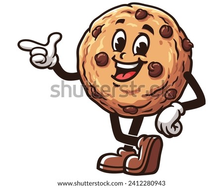 Cookies with pointing hand cartoon mascot illustration character vector clip art hand drawn