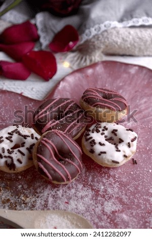 Donuts Set out in a Valentines Day Setting 