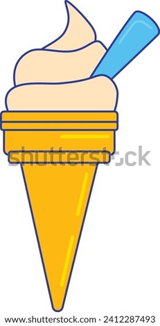 Colorful cartoon soft ice cream cone with a blue spoon. Sweet dessert cold treat vector illustration.