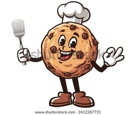 Cookies with a spatula and wearing a chef's hat cartoon mascot illustration character vector clip art hand drawn