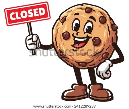 Cookies with closed sign board cartoon mascot illustration character vector clip art hand drawn