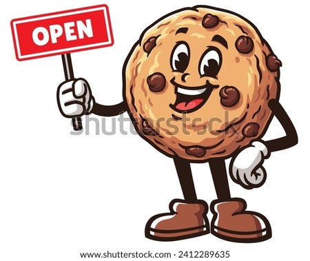 Cookies with open sign board cartoon mascot illustration character vector clip art hand drawn