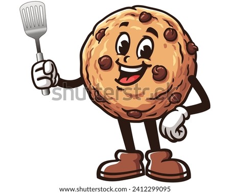Cookies with spatula cartoon mascot illustration character vector clip art hand drawn