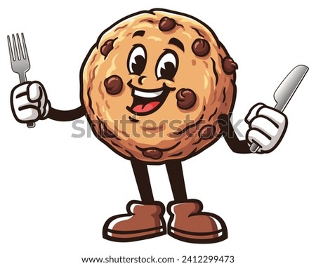 Cookies with fork and knife cartoon mascot illustration character vector clip art hand drawn