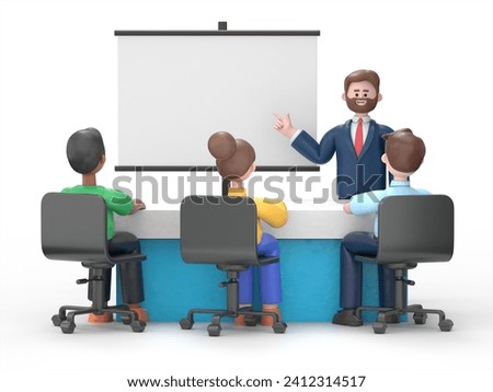 Business team at presentation. Isolated. Contains clipping path of scene and presentation board.3D rendering on white background.
