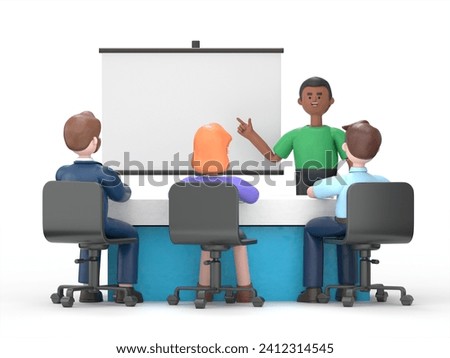 Business team at presentation. Isolated. Contains clipping path of scene and presentation board.3D rendering on white background.

