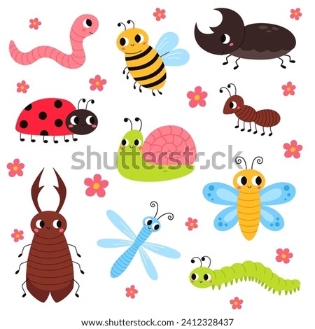 Set of cute garden insects, bugs. Snail, butterfly, stag-beetle, dragonfly, worm, ladybug, bee, rhinoceros beetle, ant and caterpillar for children. Funny childish characters.