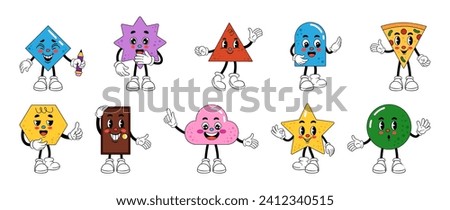 Cartoon icon. Retro design emoticons. Funny mascots with legs and hands. Smiling faces. Geometric simple shapes. Emotion expression. Happy feelings. Cheerful pizza character. Vector tidy emoji set