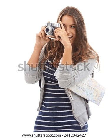 Photography, travel and young woman in studio working for photoshoot with camera. Tourist, creative and photographer sightseeing with map on vacation, holiday or weekend trip by white background.
