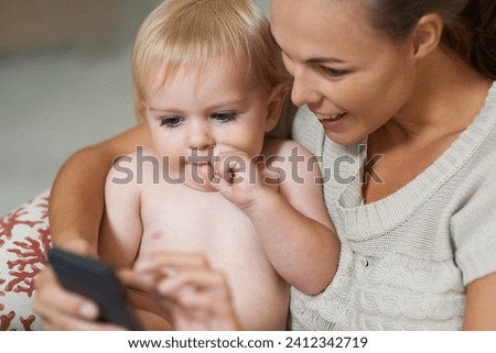 Mother, baby and phone or smile with internet for social media, video streaming or cartoons for development. Family, woman and toddler or child with smartphone for scroll, search and entertainment