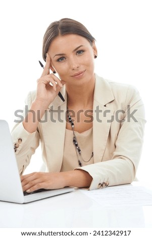 Woman, portrait and laptop or work confidence as law attorney for client management, paperwork or decision making. Female person, face and pen in studio for proposal write, mockup or white background