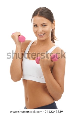 Happy woman, dumbbells and portrait in studio for fitness, training and exercise workout on white background. Model, weights or strength for performance, action and power of biceps, muscles or energy