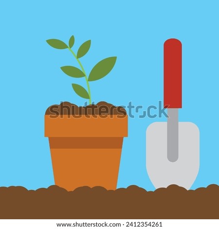 Planting flower in pot. Gardening vector illustration