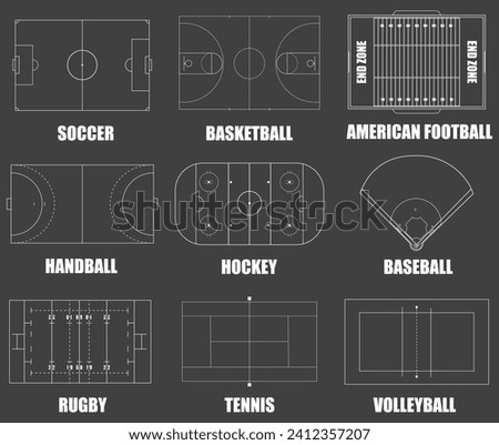 Creative illustration of sport game fields marking isolated on black background. Graphic element for handball, tennis, american football, soccer, baseball, basketball, hockey, rugby, volleyball