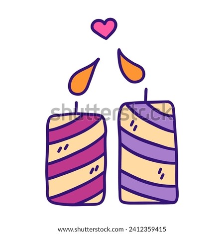 Two candles in love leaned their flames towards each other. Valentines day concept. Colorful vector isolated illustration hand drawn doodle clip art. February 14th, declaration of feelings